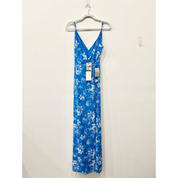 NWT Wayf Angelina Floral Surplice V-Neck Maxi Wrap Gown Ocean Blue Womens Size S - Picture 2 of 7